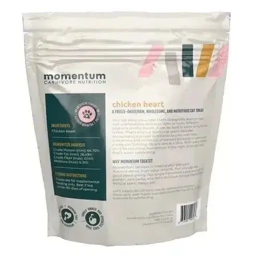 Back of Momentum Chicken Hearts freeze dried cat treats bag showing guaranteed analysis and feeding instructions.
