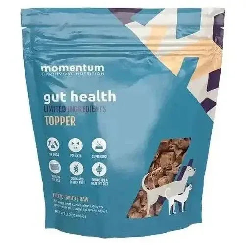 Momentum Carnivore Nutrition Gut Health freeze-dried pet food topper 3oz bag for dogs and cats digestive support.