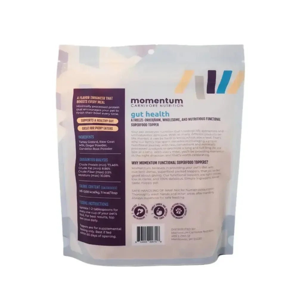 Back of Momentum Gut Health Pet Food Topper 3oz bag showing ingredients, nutrition analysis, and feeding instructions.