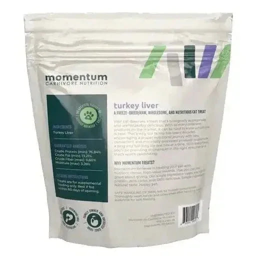 Back of Momentum Turkey Liver Freeze-Dried Cat Treats bag showing single ingredient and nutritional analysis.
