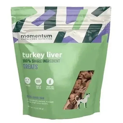 Momentum Turkey Liver Freeze-Dried Cat Treats, 1.9oz bag of grain-free single ingredient raw protein snacks.