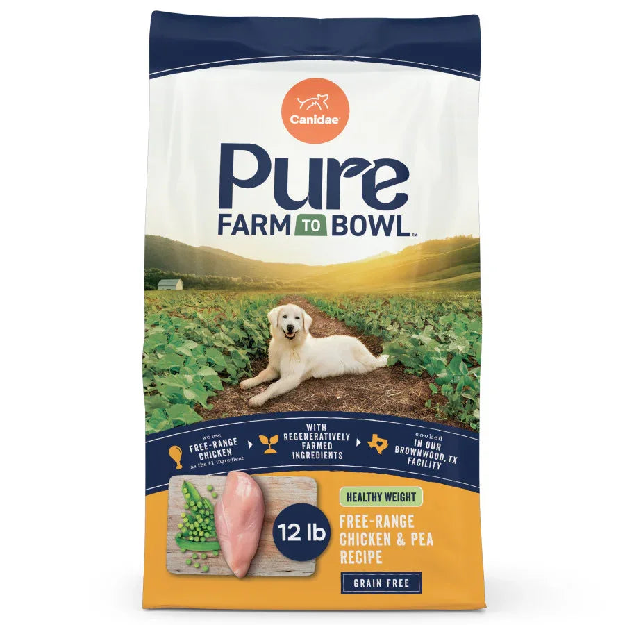 Bag of Canidae Pure Farm to Bowl free-range chicken and pea healthy weight dog food, 12 lb
