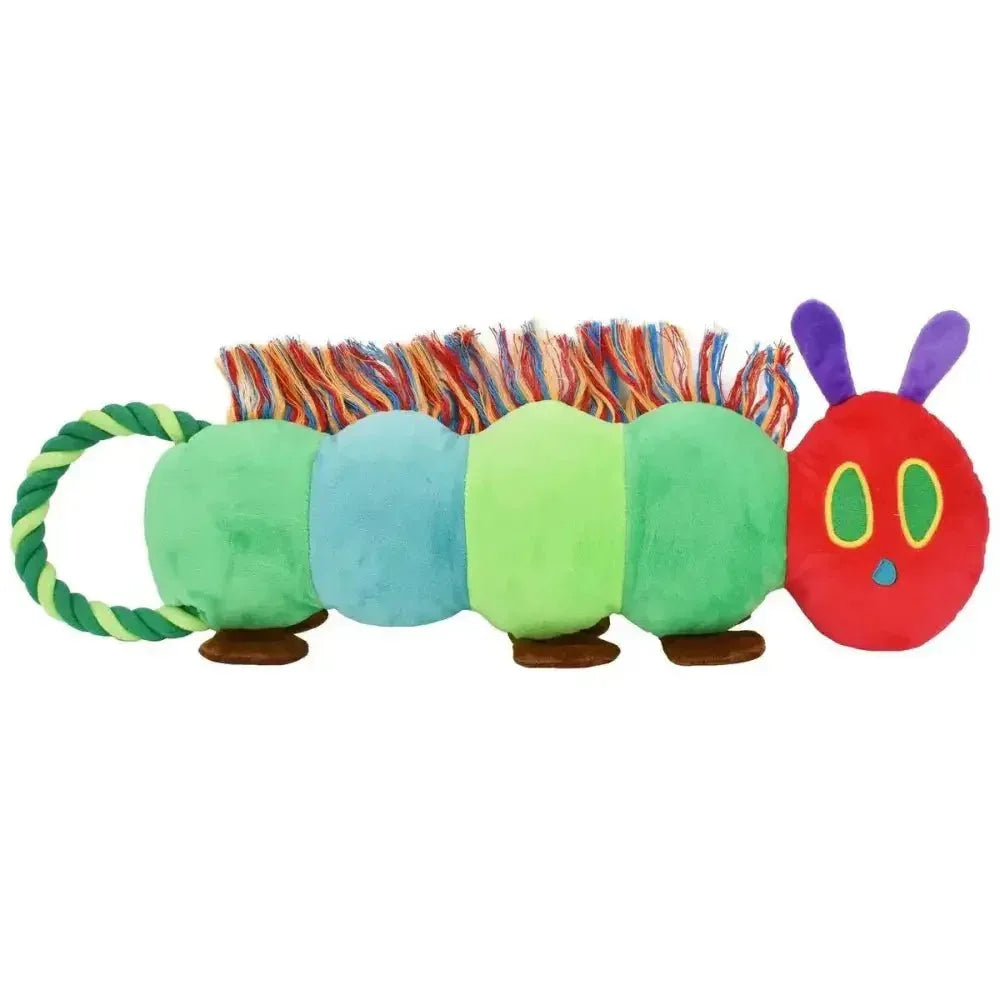 The Very Hungry Caterpillar plush dog toy with a green rope tug handle and colorful fringe.