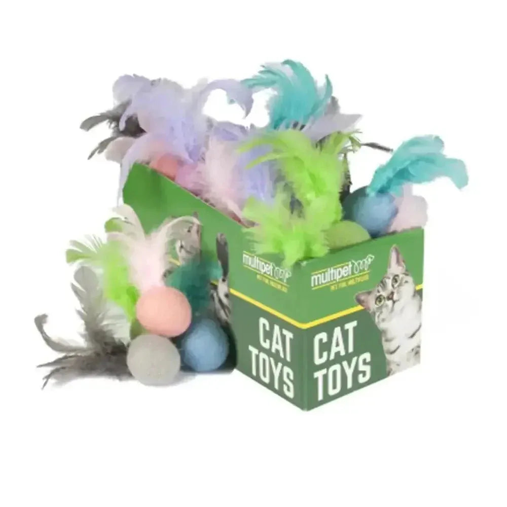Multipet Felt Ball w/ Feathers Cat Toys Assorted Colors 4" 30pc - Talis Us
