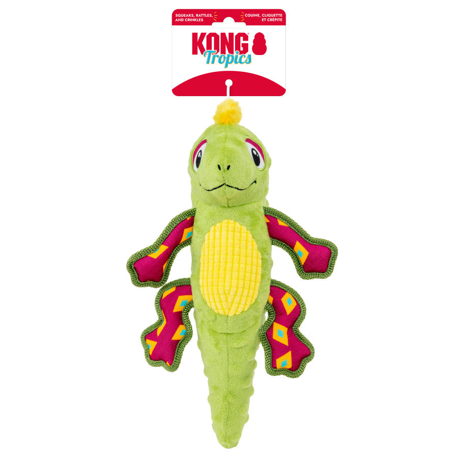 KONG Rattlez Iguana Dog Toy in vibrant green with colorful accents, featuring a rattle for engaging playtime adventures.