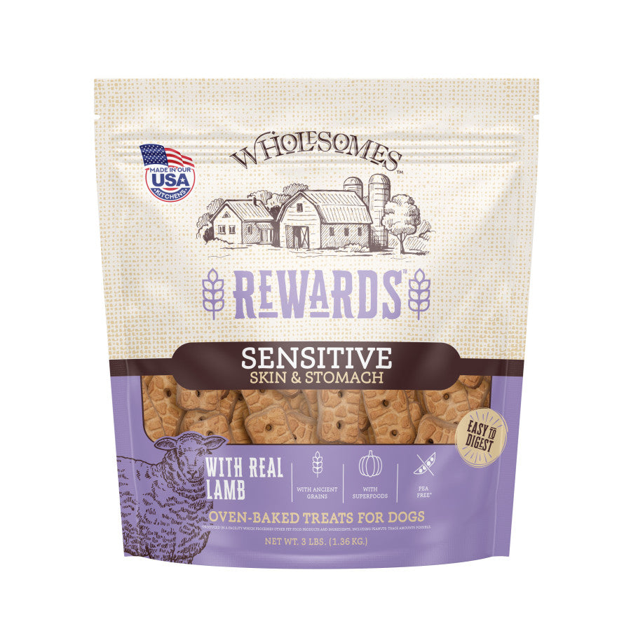Talis Us Wholesomes Rewards Sensitive Skin Dog Biscuits with Real Lamb, 1.85 lb bag, designed for stomach health and easy dig