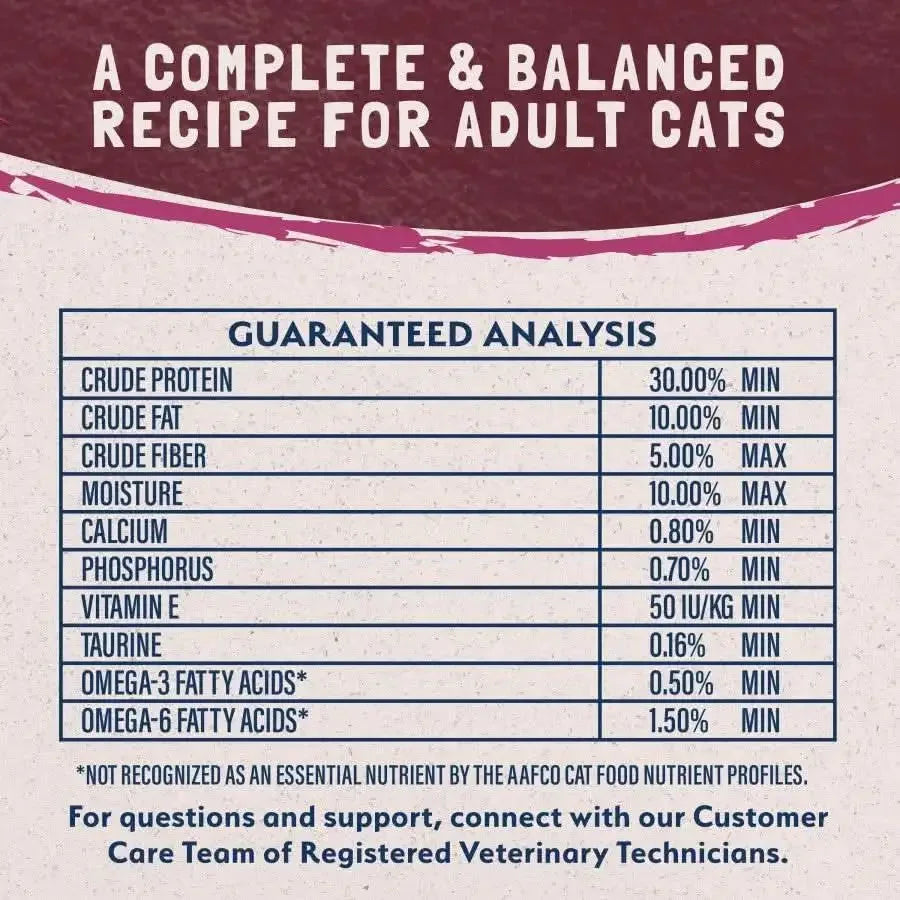 Guaranteed Analysis chart for Natural Balance L.I.D. Venison Dry Cat Food showing protein, fat, and fiber content.