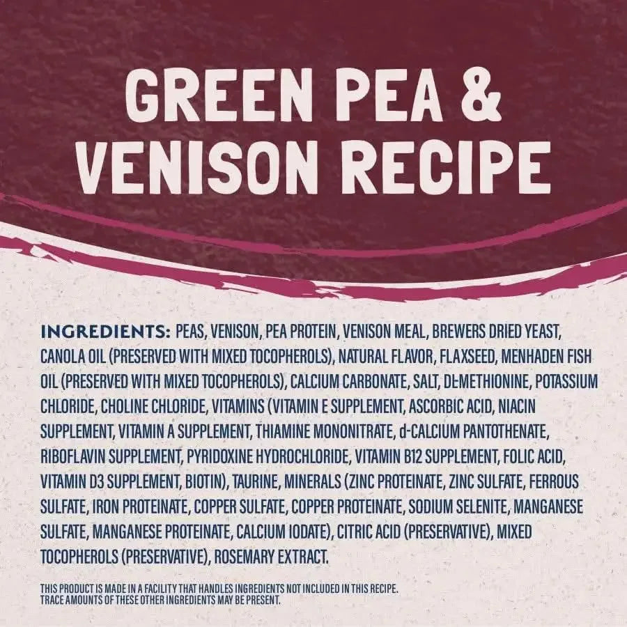 Natural Balance L.I.D. Dry Cat Food Ingredients list for Green Pea & Venison Recipe Grain-Free Formula.