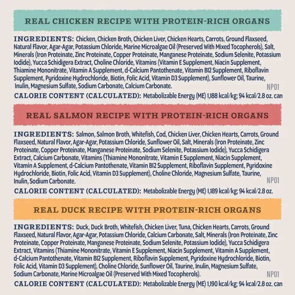 Natural Balance cat food ingredients list for Real Chicken, Salmon, and Duck pate recipes with protein-rich organs.