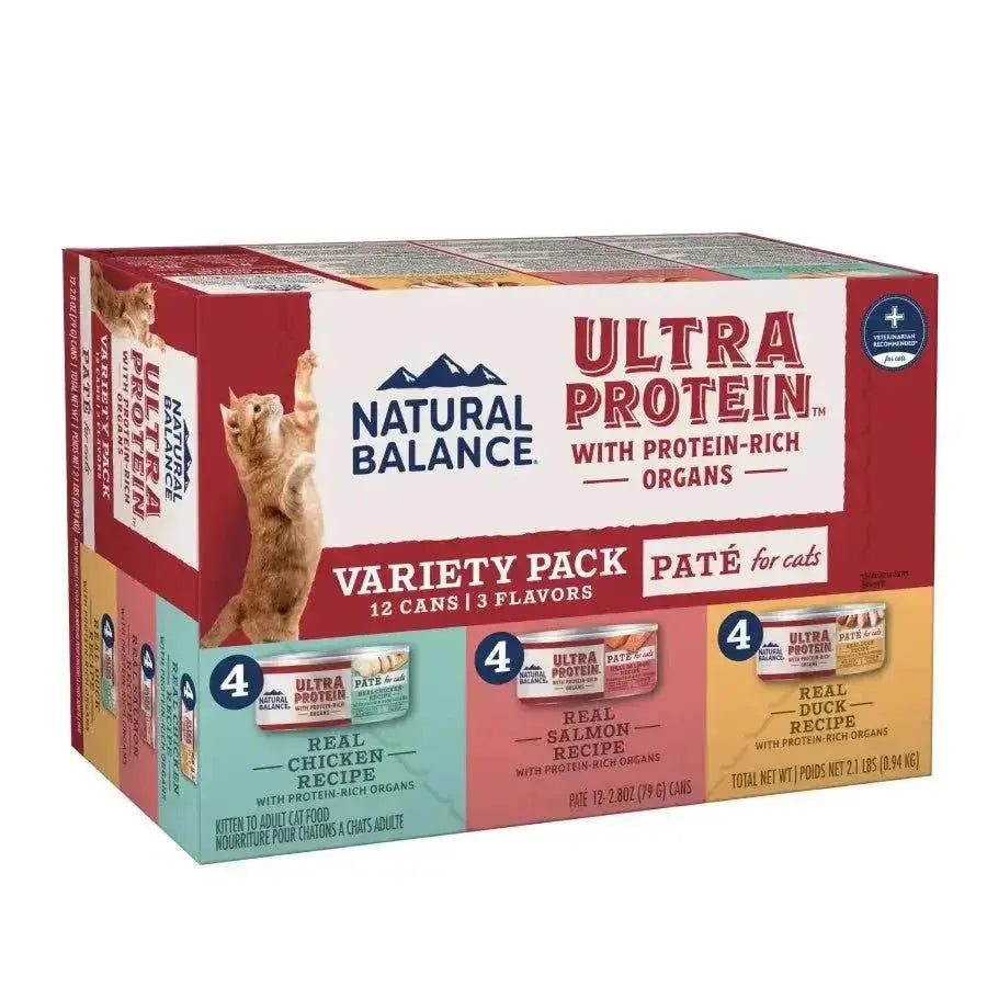 Natural Balance Ultra Protein Paté Variety Pack for Cats, 12-count box with chicken, salmon, and duck flavors.