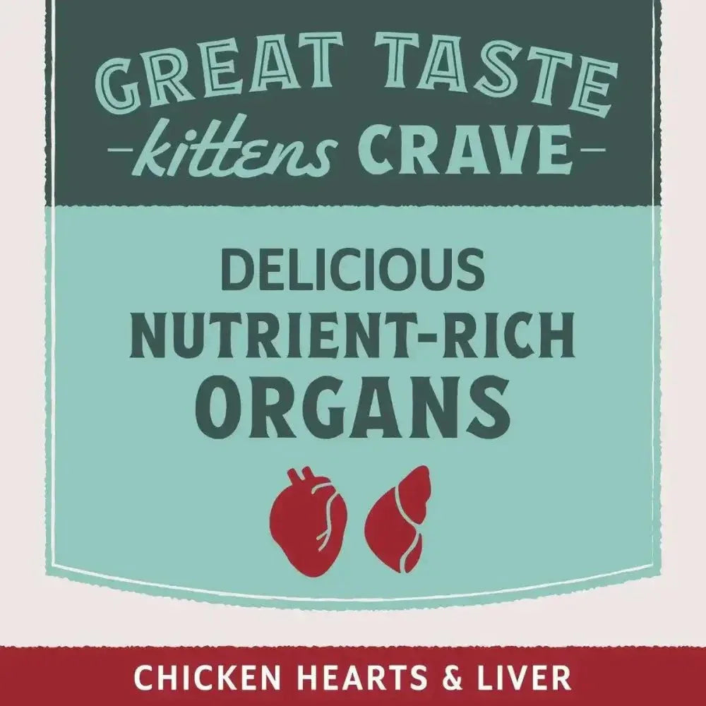 Natural Balance Ultra Protein kitten food label highlighting nutrient-rich chicken hearts and liver organ meat.