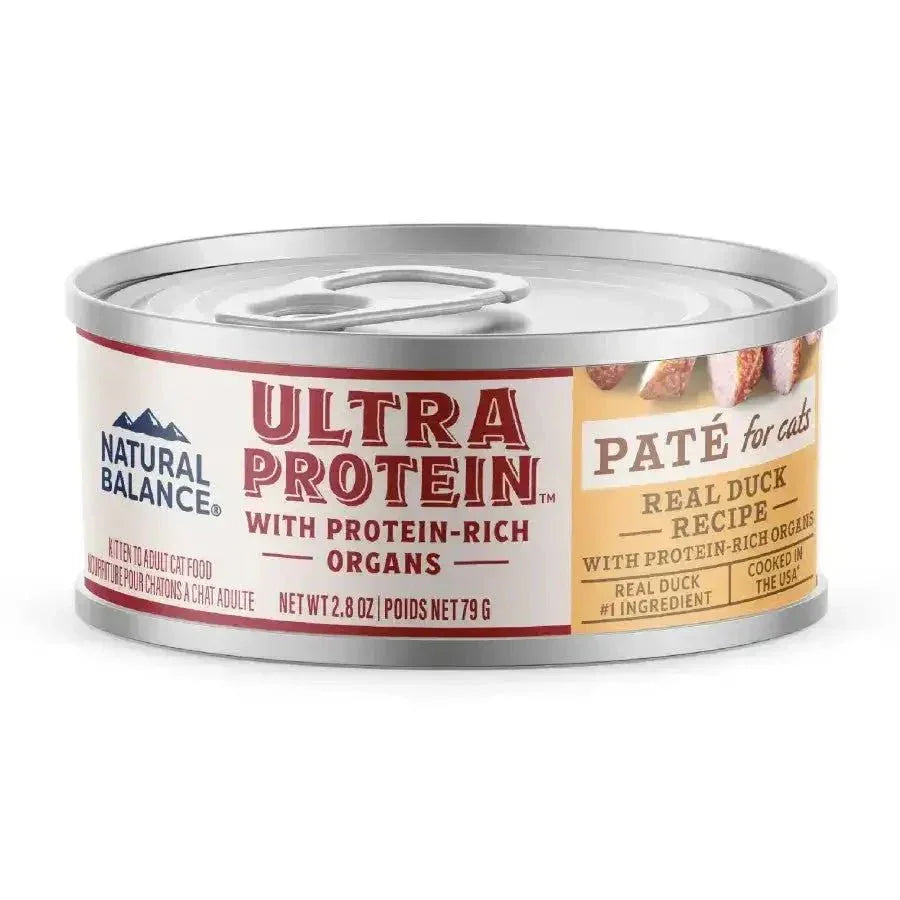 Natural Balance Ultra Protein Real Duck Recipe Pate for Cats, 2.8 oz canned cat food with protein-rich organs.