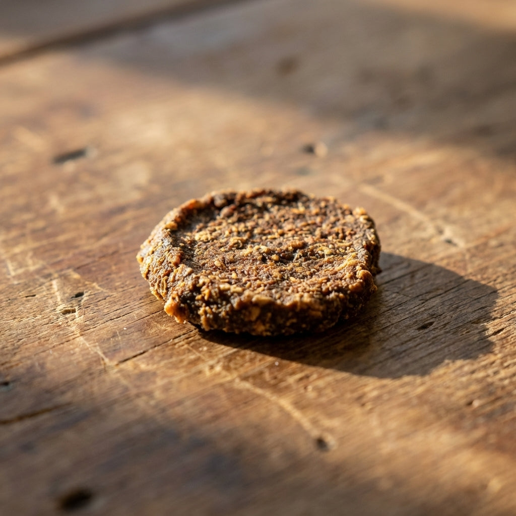 Close-up of a 2-inch natural beef organ blend chip on a textured wooden surface, highlighting its crispy, dehydrated texture in warm natural light.