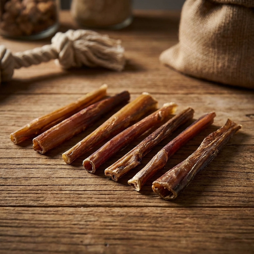Close-up of a 6-inch natural dog bully stick on neutral surface, detailed texture and natural color emphasized by dramatic lighting.