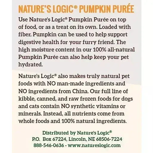 Nature's Logic Pumpkin Purée Dog & Cat Food Supplemen 15oz Case of 12 Nature's Logic