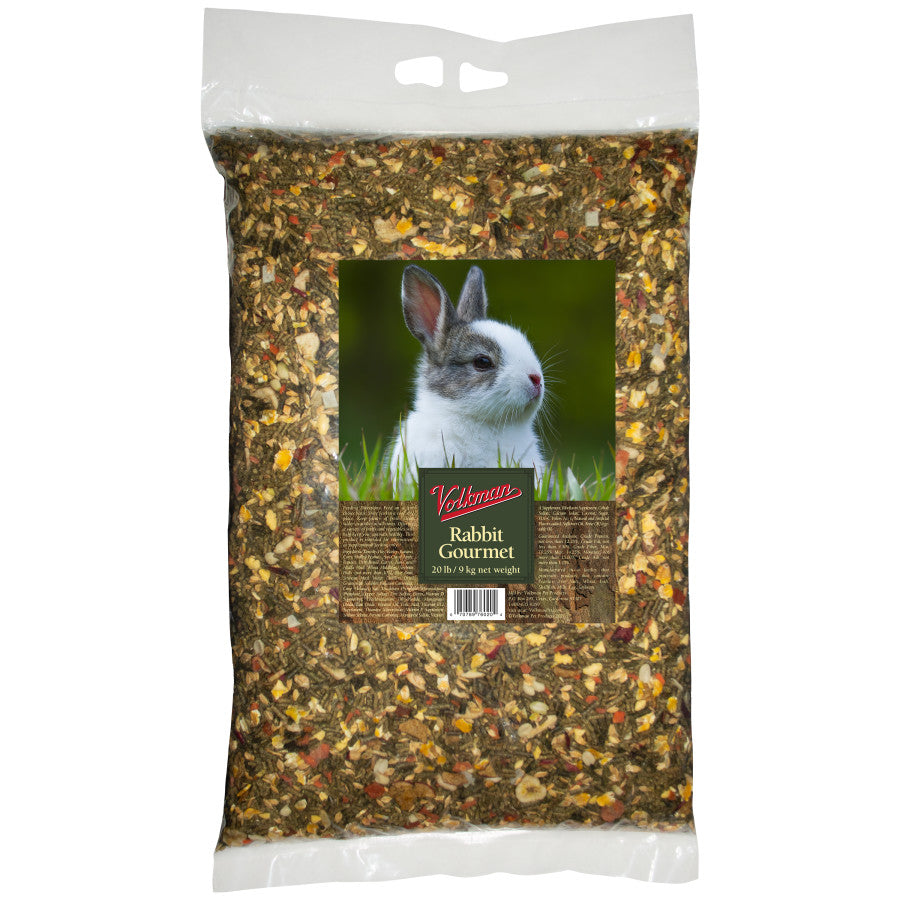20 lb bag of Volkman Rabbit Gourmet food featuring a rabbit on the label and visible seed mix.