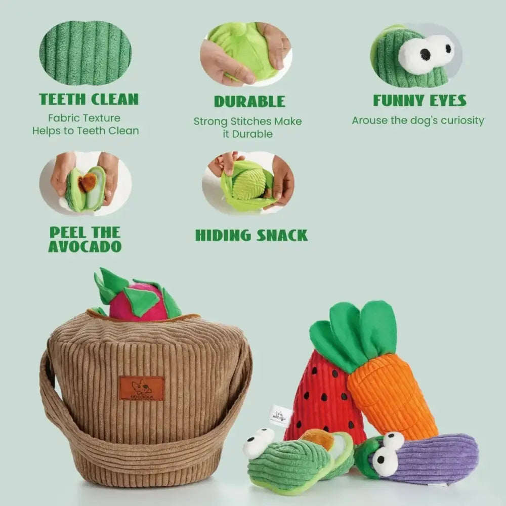 Nocciola 15 - Pack Squeaky Fruit & Veggie Dog Toys with Basket - Talis Us