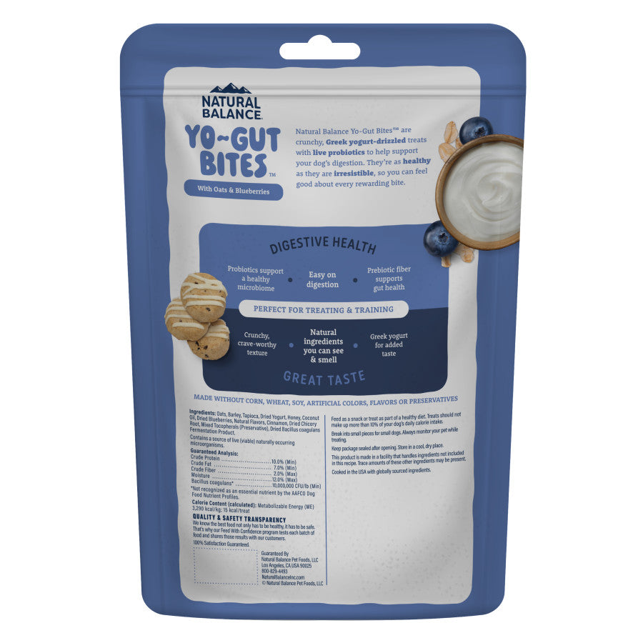 Resealable pouch of oats and blueberry dog treats with yogurt, highlighting digestive health benefits and natural ingredients
