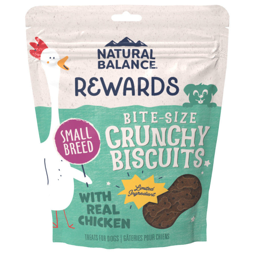 Natural Balance Pet Foods L.I.T. Sweet Potato & Chicken Dog Treats, bite-sized crunchy biscuits for small breeds, featuring a