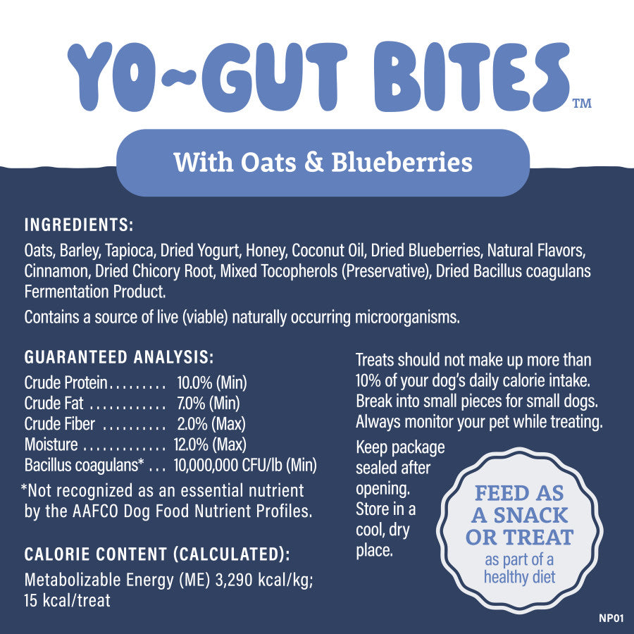 Close-up of product label detailing natural ingredients and nutritional analysis for oat and blueberry dog treats