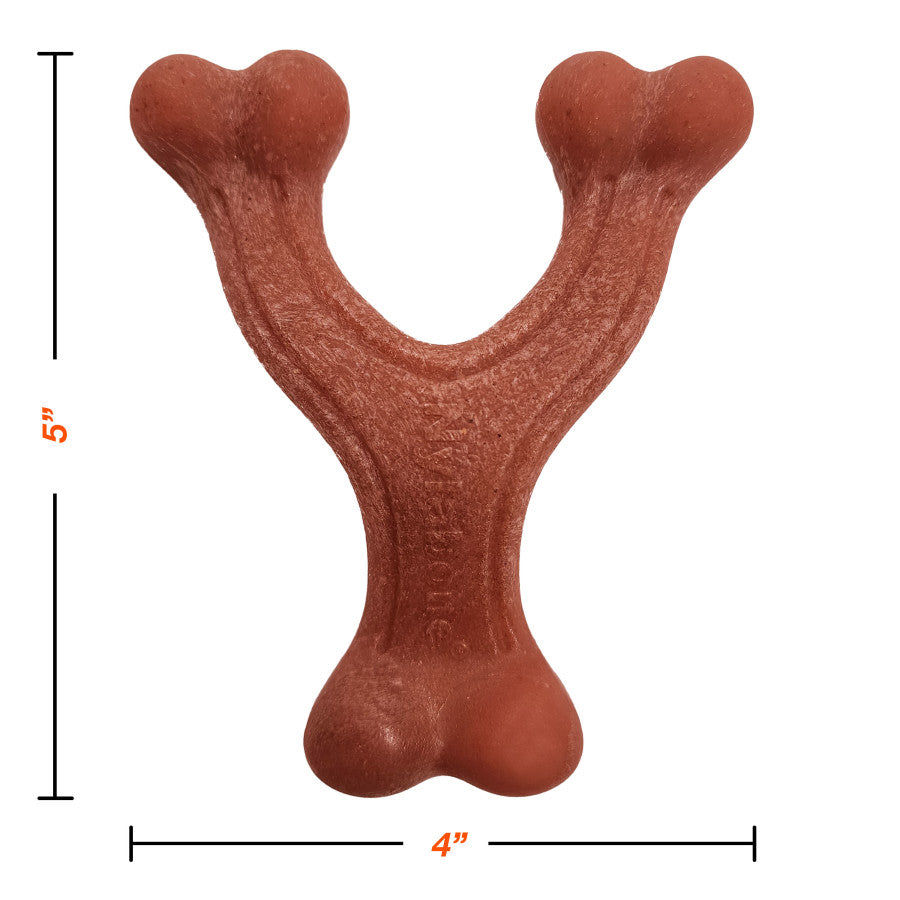 Nylabone strong chew bacon dog toy in a Y shape, 5 inches tall and 4 inches wide for vigorous chewers