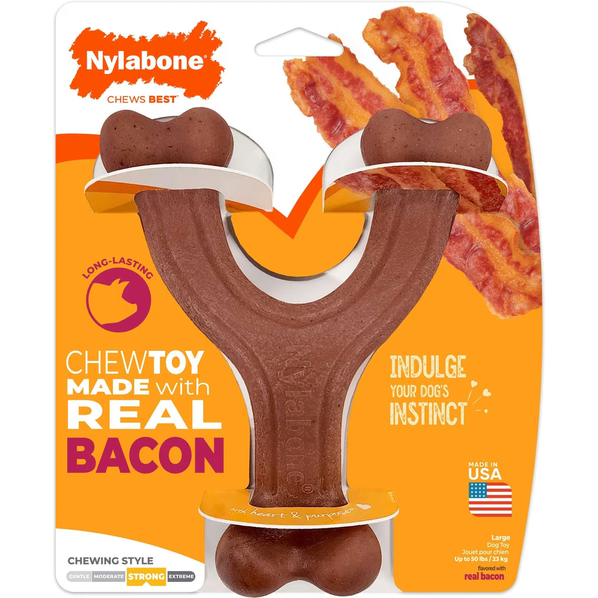 Nylabone strong chew bacon dog toy in a Y shape, designed for powerful chewers with real bacon flavor