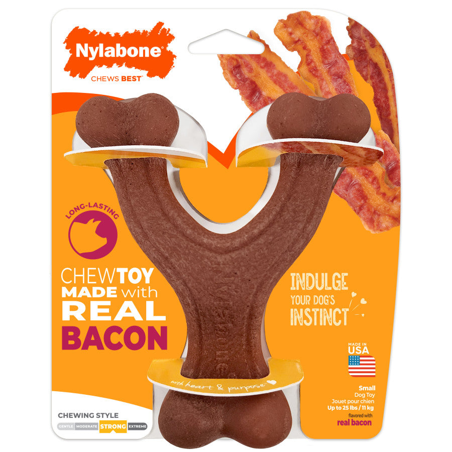 Nylabone strong chew bacon dog toy in a Y-shaped design for durable chewing fun