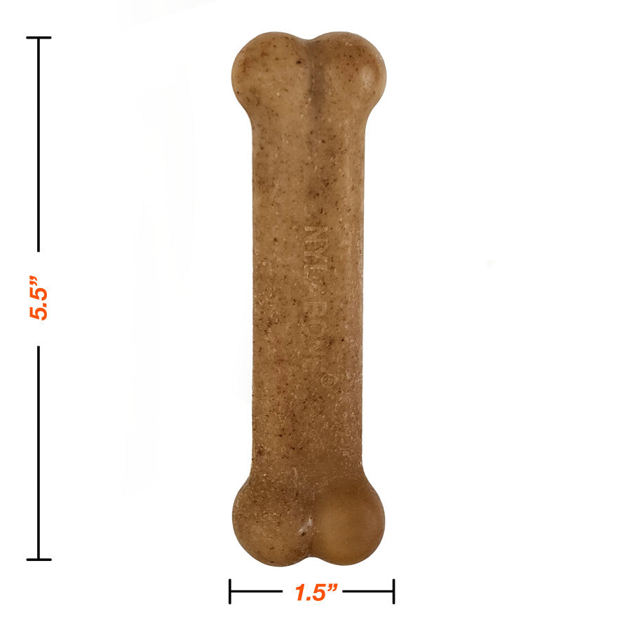 Nylabone strong chew dog toy in a bone shape, measuring 5.5 inches long and 1.5 inches wide