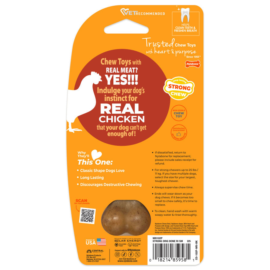 Nylabone strong chew dog toy with real chicken flavor, designed for long-lasting chewing fun