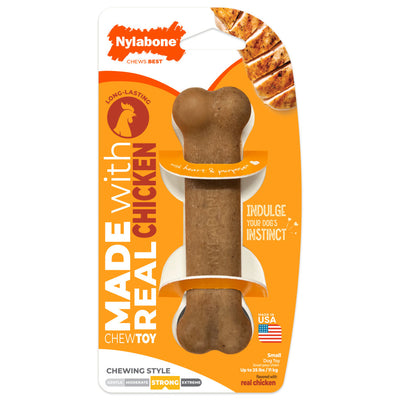 Nylabone strong chew dog toy in bone shape made with real chicken for durable chewing fun