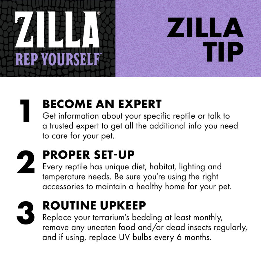 Zilla Freeze Dried River Shrimp Munchies for Reptiles, featuring a purple and black design with care tips for reptile owners.