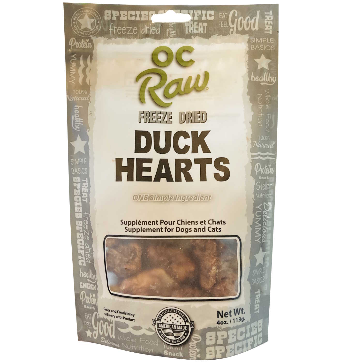 A 4oz bag of OC Raw freeze-dried duck heart treats for dogs and cats.