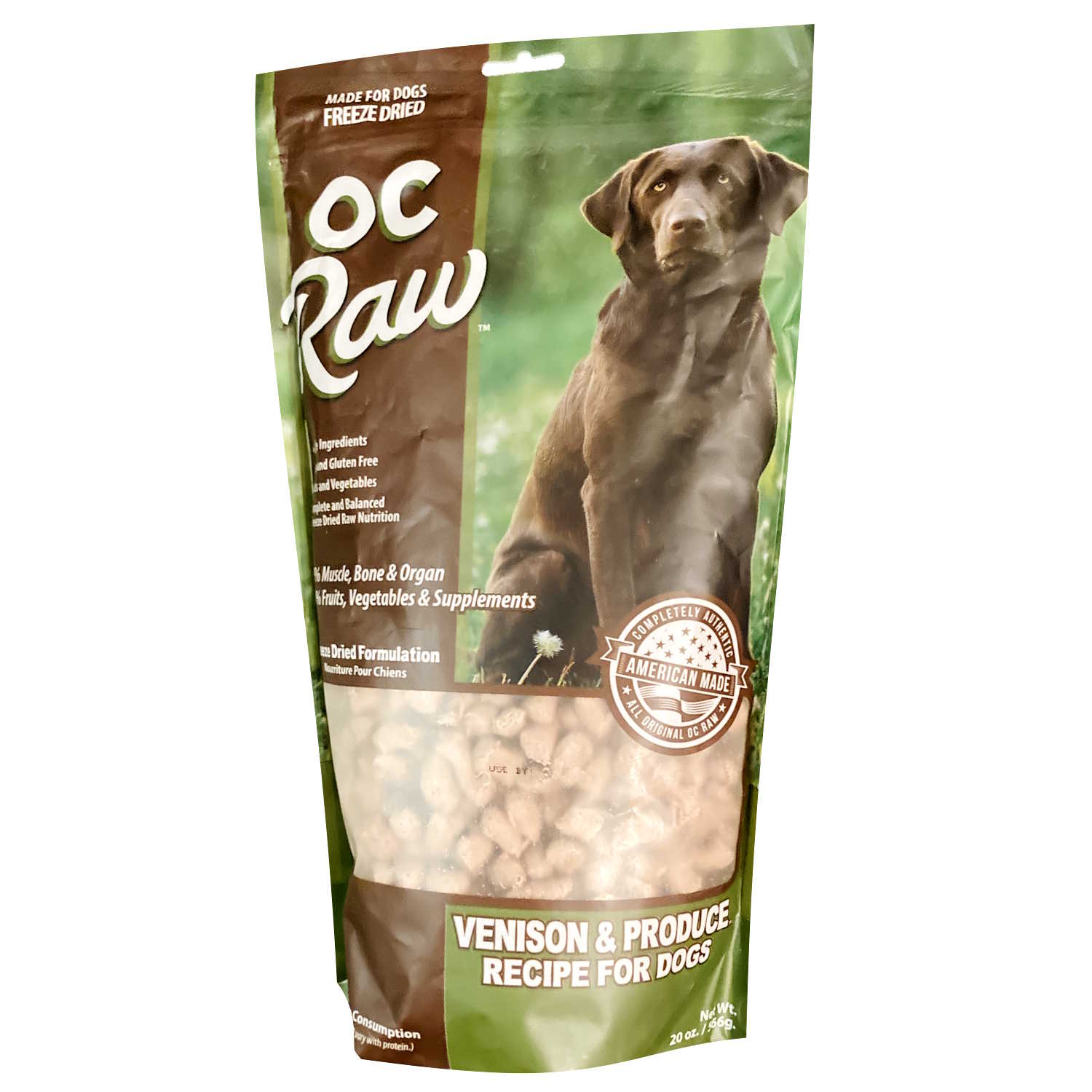 OC Raw Meaty Rox Venison & Produce Freeze-Dried Dog Food in a 20-ounce stand-up pouch.