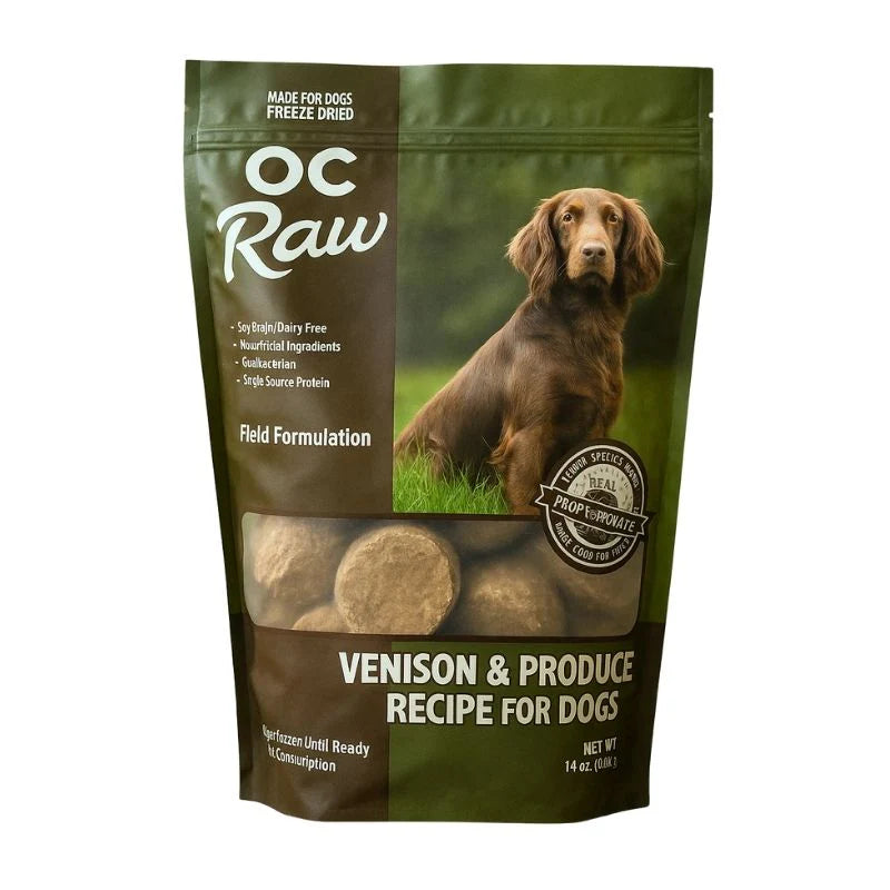 A 14oz bag of OC Raw Venison & Produce Sliders freeze-dried dog food featuring a brown dog.