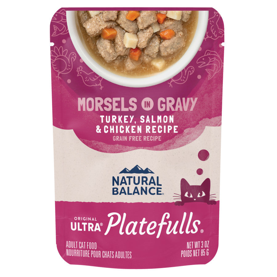 Natural Balance Platefulls Turkey, Salmon & Chicken Morsels in Gravy wet cat food 3 oz pouch.