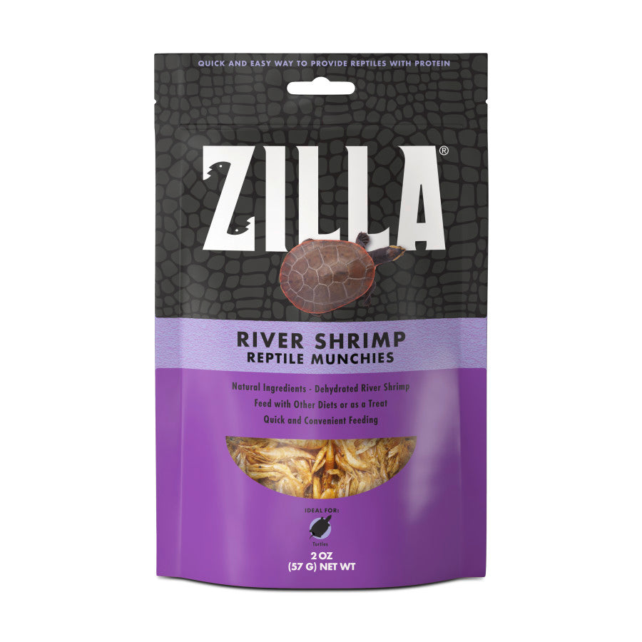Zilla Freeze Dried River Shrimp Munchies for Reptiles, 2 oz bag, featuring a clear window showcasing the shrimp inside.