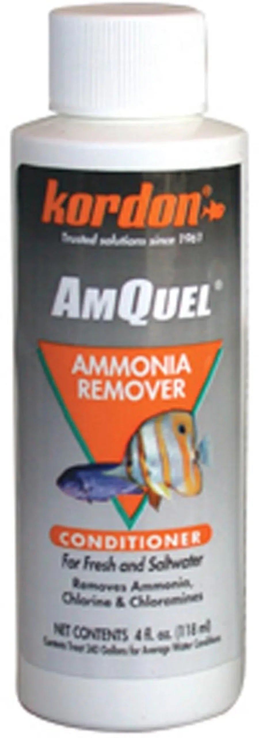 Water detoxifier and ammonia controller by Kordon, featuring fish graphics and bold text on a white bottle.