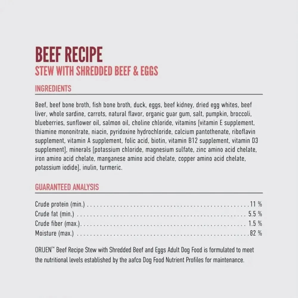 ORIJEN Real Meat Shreds Beef & Eggs Recipe Stew Grain - Free Wet Dog Food 12ea/12.8 oz - Talis Us