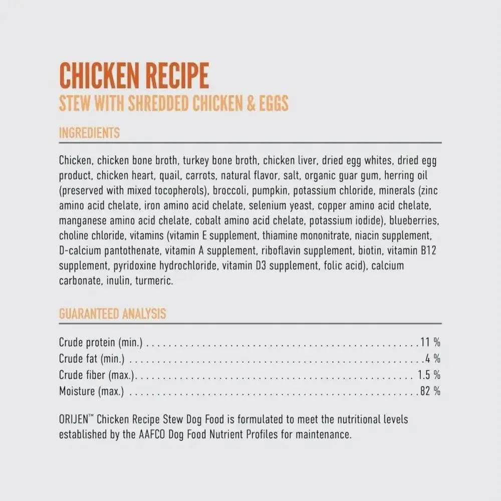 ORIJEN Real Meat Shreds Chicken & Eggs Recipe Stew Grain - Free Wet Dog Food 12ea/12.8 oz - Talis Us