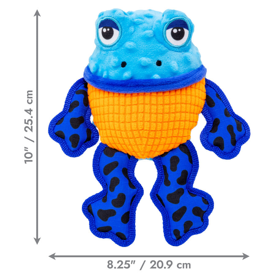 KONG Tropics Rattlez Frog Toy, colorful plush frog with blue head, orange body, and patterned legs, measures 10" tall.