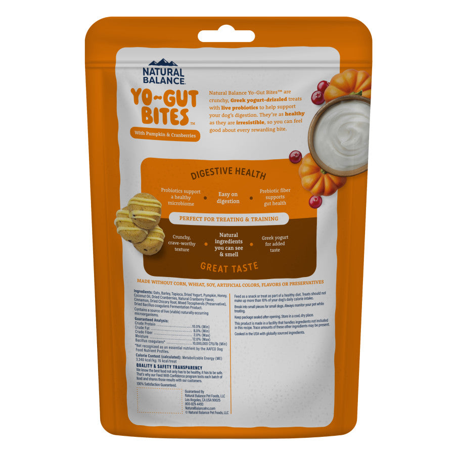 Back of a bag of Natural Balance Yo-Gut Bites dog treats with pumpkin, cranberries, and yogurt.