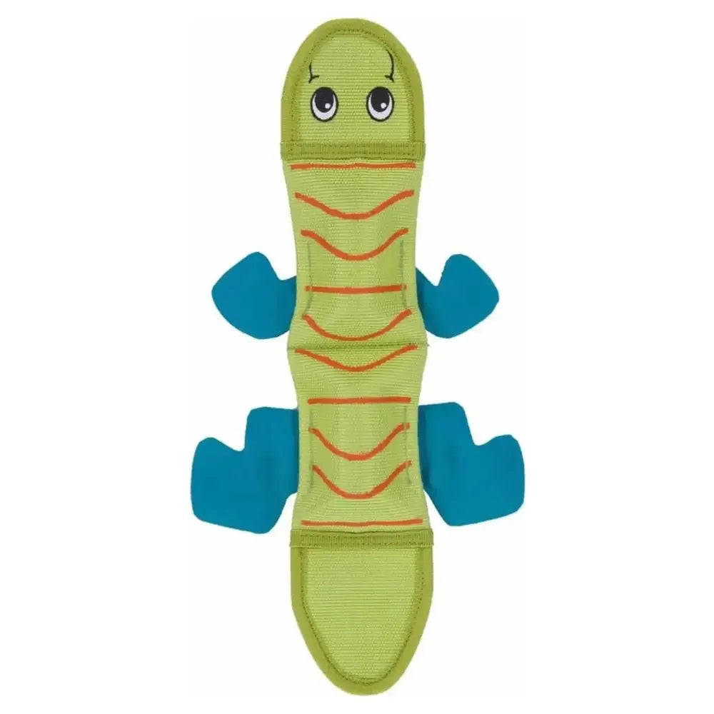 The Outward Hound® Fire Biterz Lizard Dog Toy (Medium) is a green, lizard-shaped toy with blue legs, orange stripes, large cartoon eyes, and Chew Shield Technology for durable play.