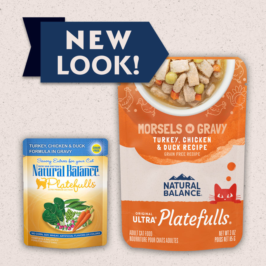 Natural Balance Cat Wet Food Platefulls Turkey Chicken & Duck Formula in Gravy, 3 oz pouch and 24-pack, featuring a new look.