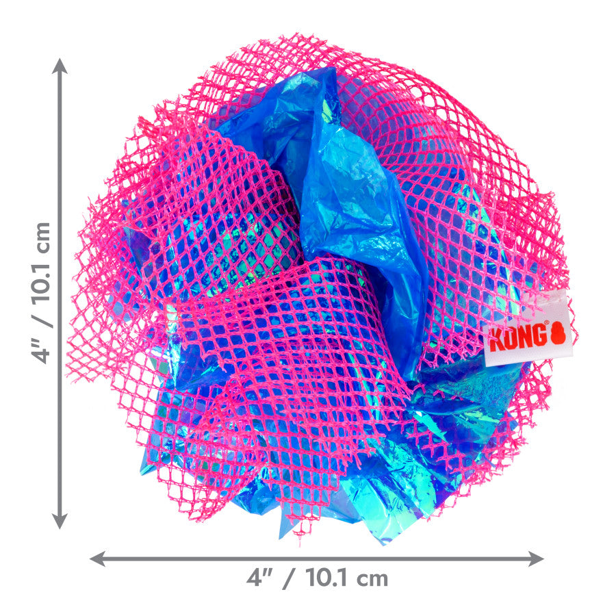 KONG Cat Toy Balls - Assorted crackle fluff balls in pink and blue mesh, measuring 4 inches, ideal for feline play.
