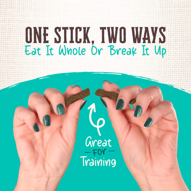 Talis Us Wholesomes Chewy Whitefish Dog Treats shown being held in hands, with text highlighting versatility for training.