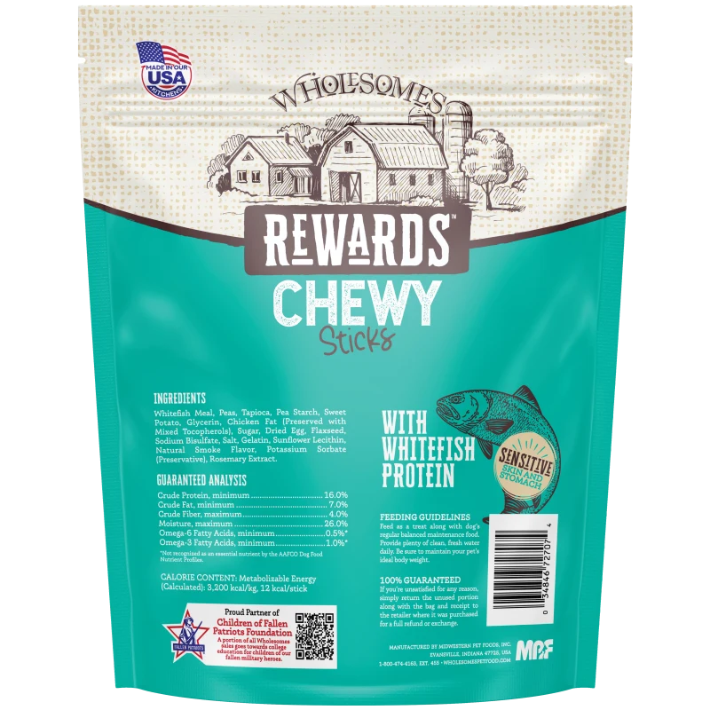 Talis Us Wholesomes Chewy Whitefish Dog Treats package featuring rewards sticks, with ingredient details and feeding guidelin