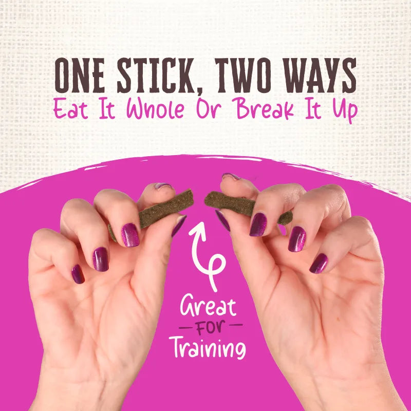 Talis Us Wholesomes Rewards Chewy Lamb Sticks, held in hands, showcasing versatility for training and feeding options.