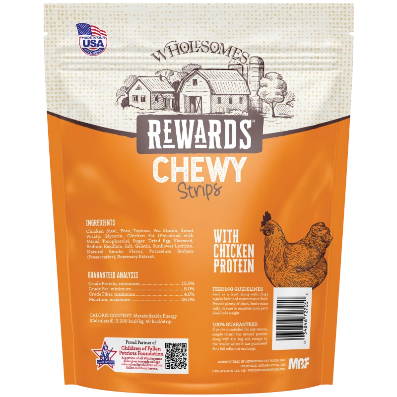 Talis Us Wholesomes Chewy Chicken Dog Treats package featuring an orange design, chicken graphics, and ingredient details.