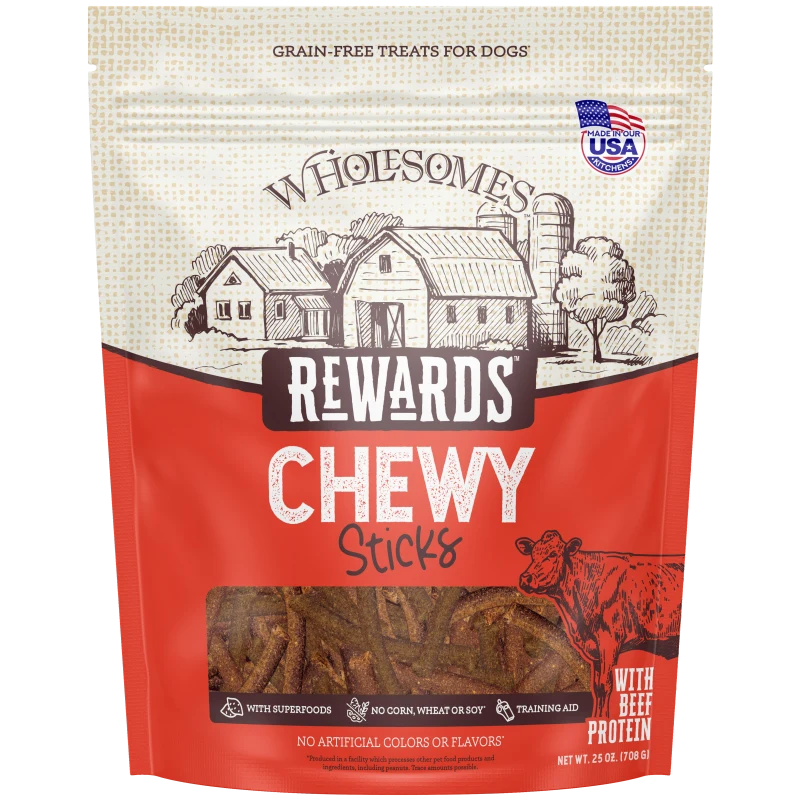 Talis Us Wholesomes Beef Sticks dog treats in a red and beige bag, featuring a cow graphic and "Grain-Free" label.