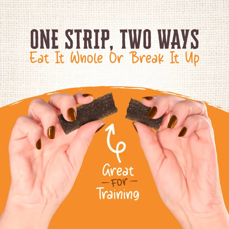 Talis Us Wholesomes Chewy Chicken Dog Treats, shown in hands, can be eaten whole or broken for training rewards.